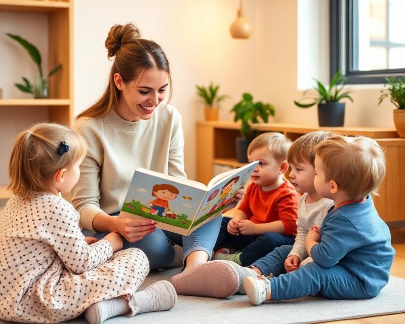 Caring educator reading to toddlers